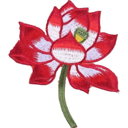 2PCS Red Flower Patches Lotus Embroidery Applique Handmade Iron on Patches DIY Fabric Badge Clothes Stickers Apparel Accessories