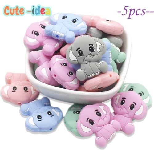 Cute-idea 5pcs Silicone Teether Beads BPA Free Mini Elephant Animal Beads DIY Baby Teething Pacifier Chain Toys Gift Baby goods