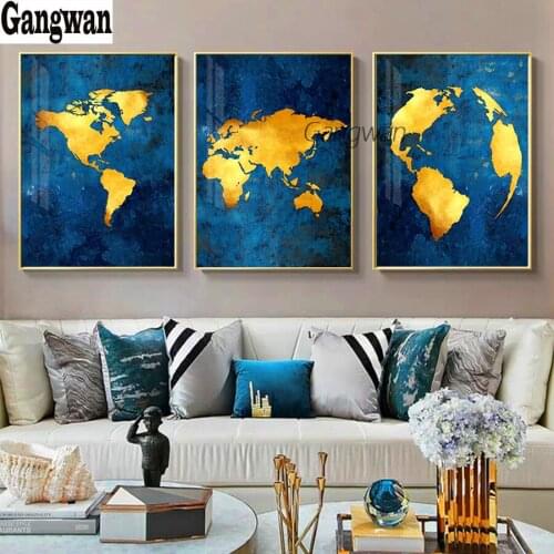 Abstract Golden Map Wall Art diamond painting Blue diamond embroidery full square round drill mosaic puzzle 3 pcs Home Decor