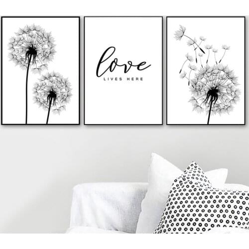 Black white dandelion canvas painting love quote picture poster nordic scenery wall decor plants wall art canvas painting HD2909
