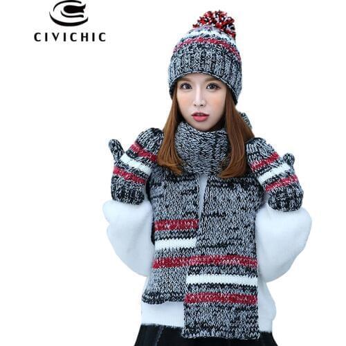 CIVICHIC Warm Gift Winter Knit Hat Scarf Gloves 3 Pcs Woman Chic Pompon Beanies Stripes Shawl Velvet Mittens Color Mix Cap SH187