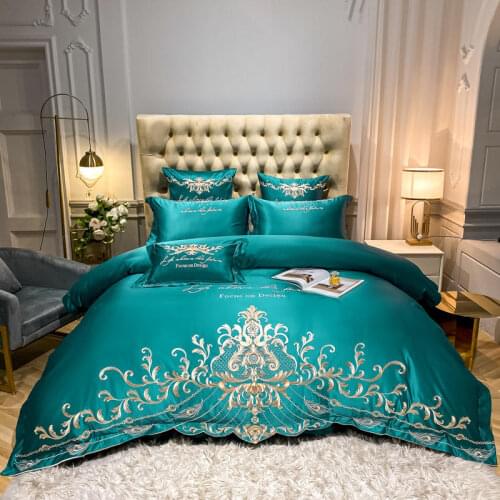 Solid Color Satin Home Textile Bedding Set 4pcs Europe Gold Embroidery Bedclother Blue Duvet Cover Bedspread Sheet Pillowcases