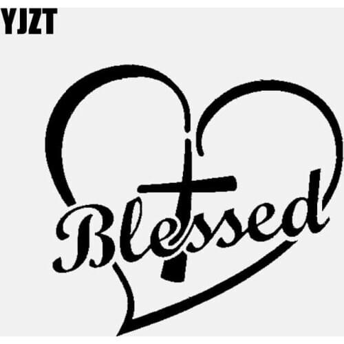 YJZT 14.3CM*12.9CM Cross Heart Blessed Christian Decal Vinyl Car Sticker Black/Silver C3-1329
