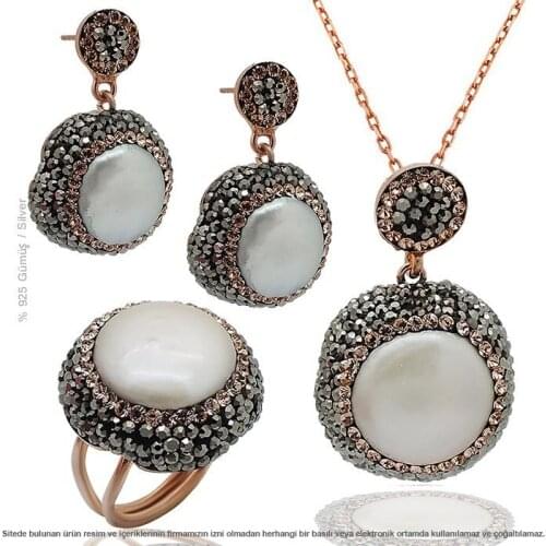 Natural Pearl And Swarovski Stone Silver Triple Set Jewelry