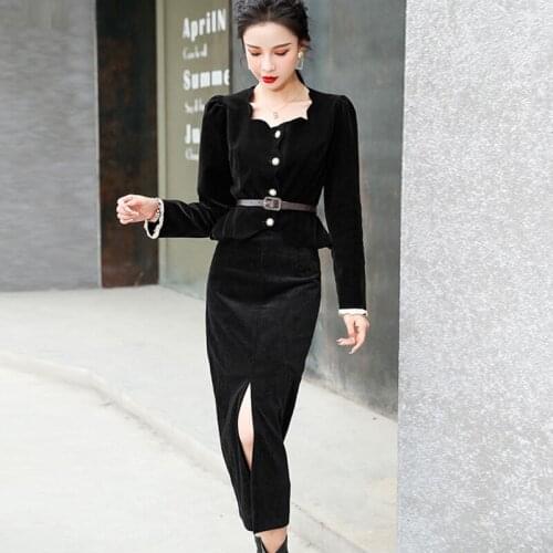 New arrival fashion winter set women OL professional temperament vintage velvet short jacket and midi skirt slim two piece set
