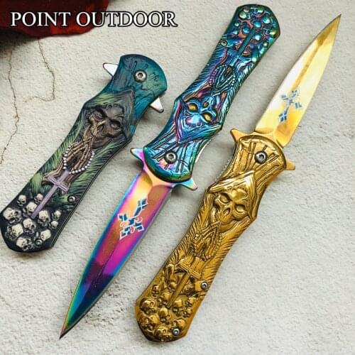 High Quality knifes 3d Engraving Personalized Grim Reaper Folding Knife Hunting Dagger with Pocket Belt Buckle Collection