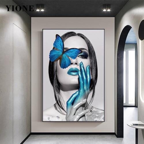 Vogue Woman Yellow Blue Butterfly Poster Black and White Figure Pictures Print Wall Canvas Painting for Home Interior Art Decor