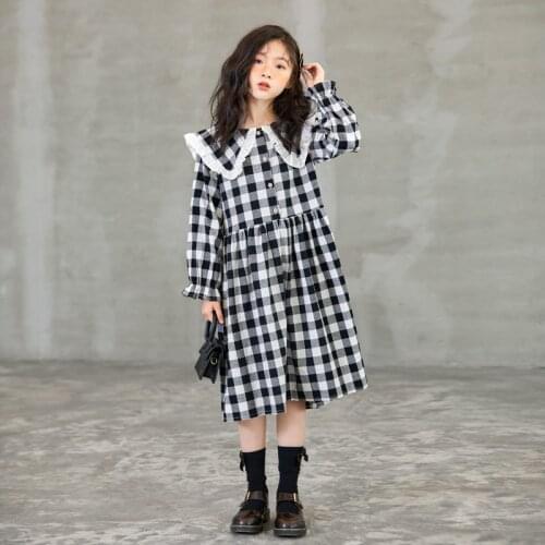 New Girls Midi Dress Cotton Kids and Teen Plaid Dress 2021 Children Clothes Preppy Style Baby Princess Clothes Buttons,#6510