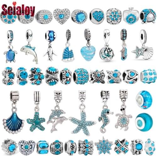 Seialoy Cyan Blue Marine Style Beaded Starfish Turtle Dolphin Dangle Charm Pendant Fit Brand Charms Bracelets DIY Jewelry Making