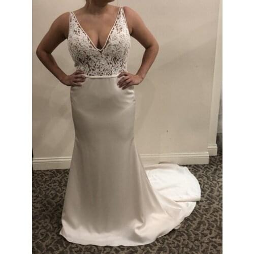 Mermaid Wedding Dress Boho with Train Lace Top V Neck White Wedding Gowns for Bridal 2021 Open Back Robe Mariee Satin