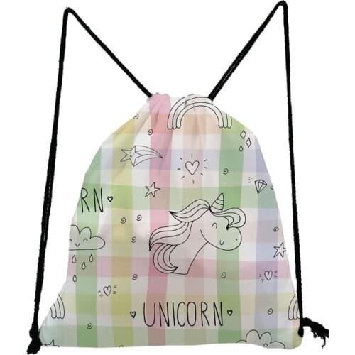 Colorful Grid Unicorn Printed Backpack Bag Lovely Animal Drawstring Bags Fashion Storage Bag Large Capacity Shoe Bag for School