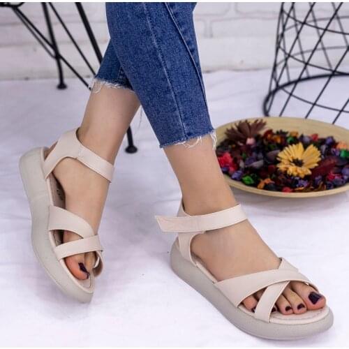 Tonar Leahy Cream Skin Women 'S Sandals Flat Bottom Cross Top Band Stylish and Comfortable