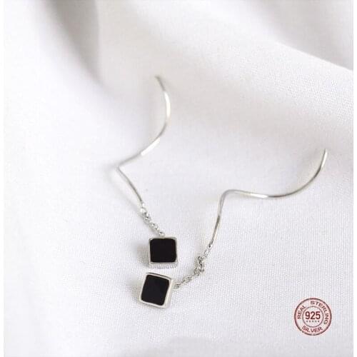 LKO 925 Sterling Silver Black Drop Glaze Square With Wave Model Geometric Ear Line For Women Fashion Jewelry Accessories