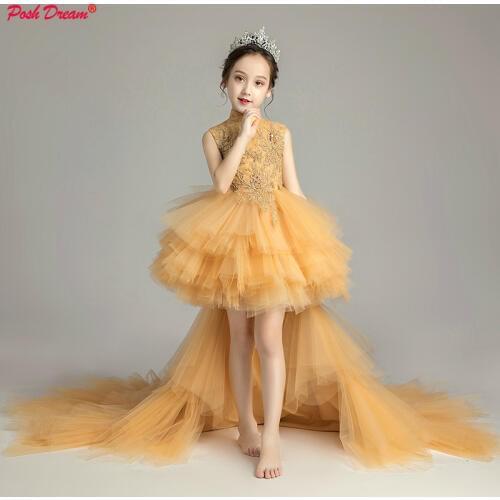 POSH DREAM Gold Embroidery Kids Girls Prom Party Wedding Dresses Children Gold Flower Teenager Birthday Evening Dress Princess