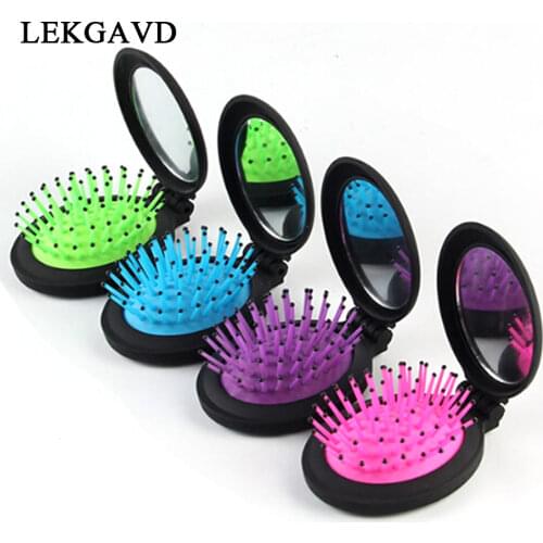 1 Pcs New Girls Portable Mini Folding Comb Airbag Massage Round Travel Hair brush With Mirror Cute oval shape