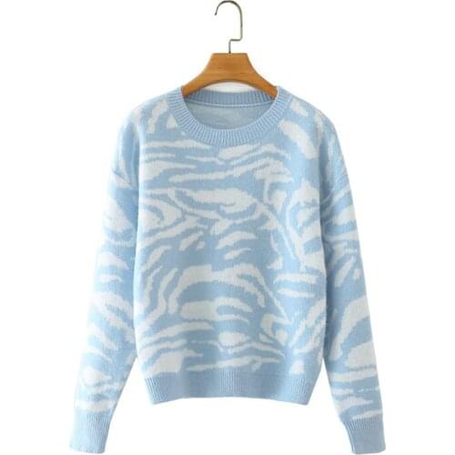 ZXQJ Women 2021 Fashion Zebra Print Cropped Knit Sweater Vintage O Neck Long Sleeve Female Pullovers Chic Tops