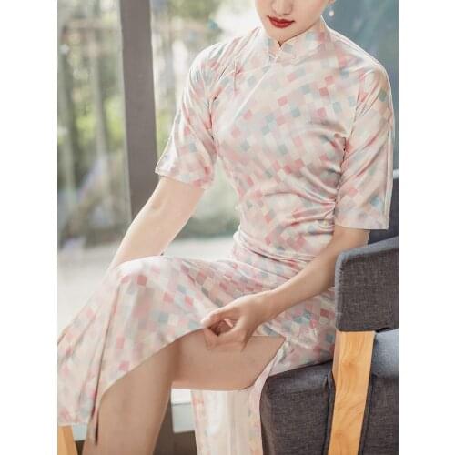 Oriental Dress High End Really Silk Lattice Printing Qipao Retro Cheongsam Chinese Traditional Female Tight Skirt China Dress