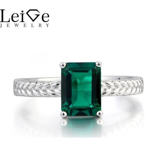 Leige Jewelry Emerald Engagement Ring Emerald Ring Green Gemstone May Birthstone 925 Sterling Silver Ring Solitaire Ring for Her