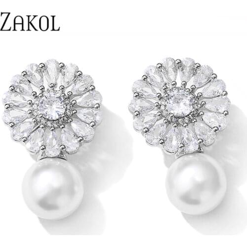 ZAKOL Elegant Bridal Wedding Earrings Luxury AAA Cubic Zircon Imitation Pearl Romantic Female Party Fashion Stud Earrings Women