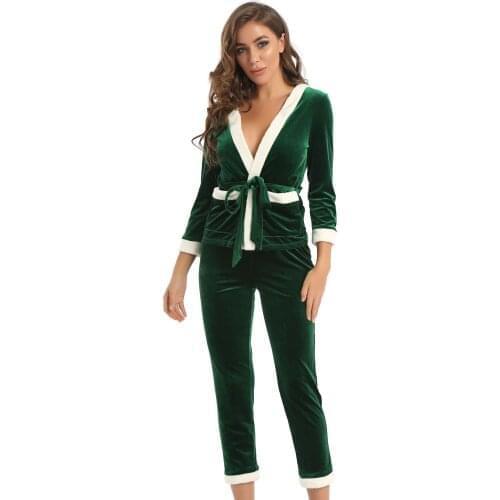 Womens Warm Flannel Sleepwear Front Feather Trimmed Pocket Pajamas Suit Soft Cardigan Tops Pants Long Sleeve Nightwear Costume