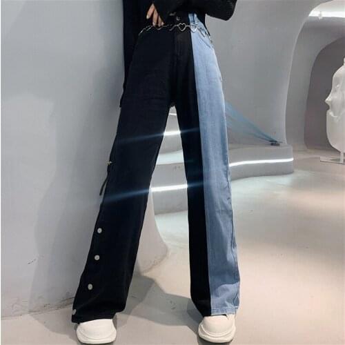 Womens Patchwork Blue Black Jeans Y2K Front Buttons Pants High Waist Loose Contrast Color Casual Trousers no Chain Streetwear