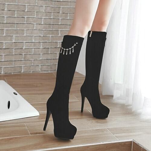 New Flock Leather High Heels The Knee High Boots Woman Black Red Colors Ladies Wedding Party Shoes Women Boots Large Size 43