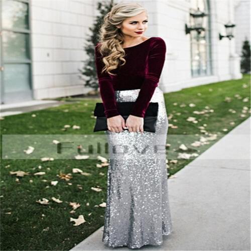 Fashion Burgundy Velour Long Sleeve Evening Dresses 2019 Sliver Sequined Floor Length Mermaid Formal Dress Vestido De Festa