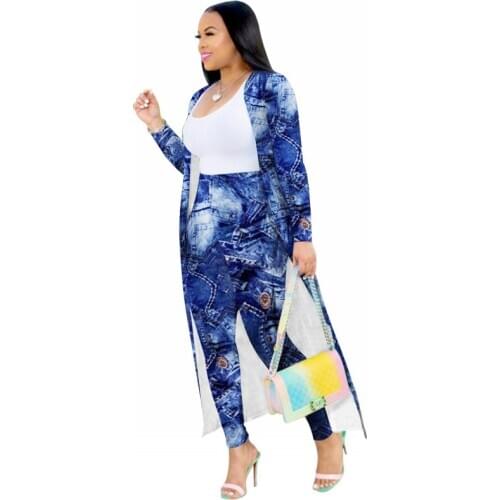 Spring Autumn 2 Piece Set Women Cardigan Long Trench Tops And Bodycon Pant Suit Casual Clothes Boho Sexy Two Piece Outfits 2021