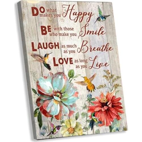 Rustic Farmhouse Inspiration Quotes Canvas Happy Smile Breathe Live Floral Flowers Painting Print Posters Wall Art Bedroom Decor