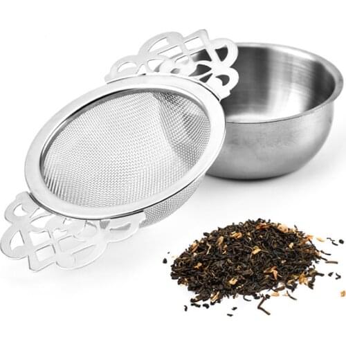 Double Ear Tea Strainer With Bottom Cup Stainless Steel Bulk Tea Spice Filter Reusable Tea Strainer With Drip Bowl Tea Infusers