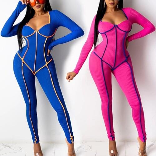Fitness Women Rompers Casual Jumpsuits Square Neck Long Sleeve Skinny Pencil Pants Rompers for Nightclub Party One Piece Outfits