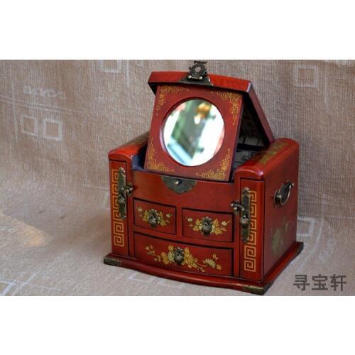 HOT SALE ## 2020 Christmas Unique gift GOOD present retro antique vintage Red wood Jewel Jewelry Box cosmetic mirror box