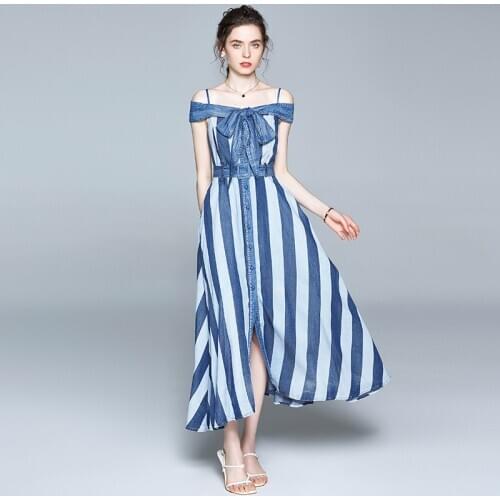 JSXDHK Brand Female Summer Slash Neck Jean Maxi Dress Vintage Women Chiffon Patchwork Denim Bow Long Dress Sexy Striped Sundress