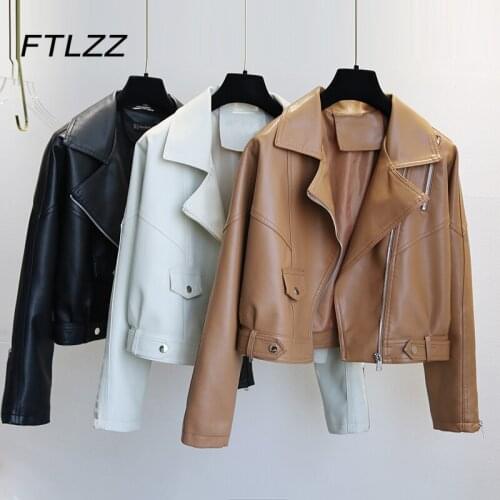 New Women Brown Faux Leather Jacket Spring Atuumn Vintage Turn Down Collar Short Leather Coat Korean Ladies Biker Moto Jacket