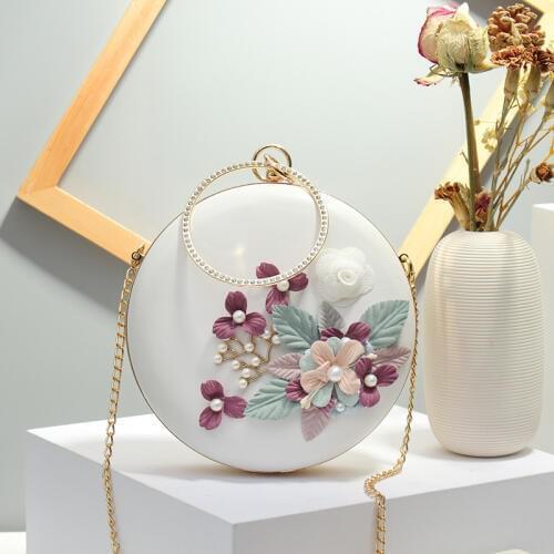 Fashion round flower dec women evening clucth bag designer chains shoulder crossbody bags luxury pu metal handle ladies handbags
