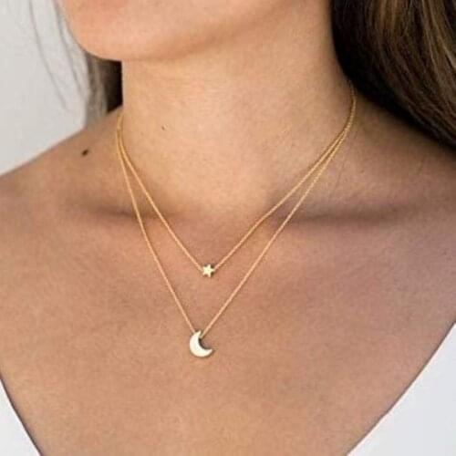 Fashion Women double-deck Moon Star Pendant necklace chain necklace Choker Necklace Jewelry Gift