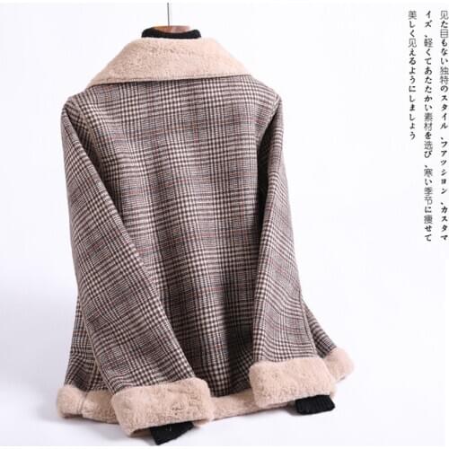 2020 New Arrival Winter Warm Coat Women Vintage Retro Plaid Houndstooth Double Breasted Lamb Fur Jackets Coats Female Overcoat