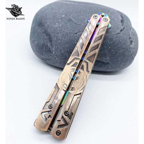 OW Practice Balisong Stainless Steel Butterfly Knife Game Logo Sculpture Rainbow Unsharpend Blade Metal Trainer for Beginners