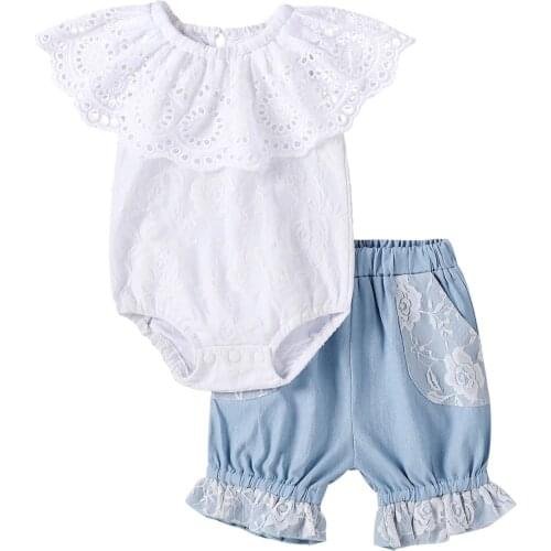Baby Girls Two Piece Clothes Fresh Solid Color Flounce Round Neck Romper And Lace Stitching Denim Shorts Refreshing /Comfortable