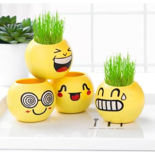 Office decor Small grass potted children indoor balcony cute expression long grass head doll baby pot planters Vase flower pot