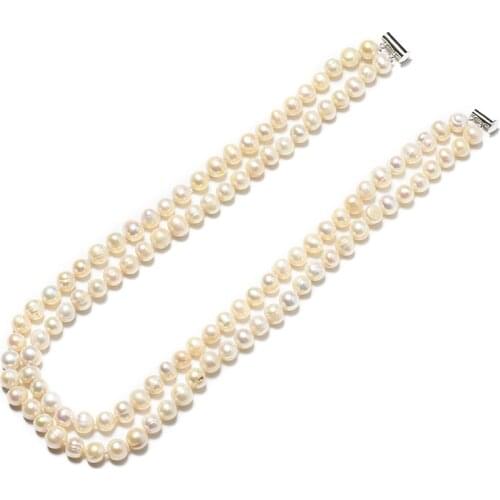 Wholesale 2 rows Freshwater Natural Pearls White beads Luster 7-8mm Elegant Diy Necklace for Party Making 19inch gem H475