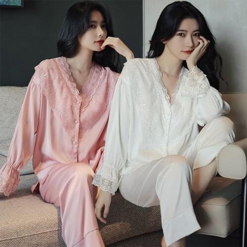 2020 Autumn Long Sleeve Silk Satin Sexy Lace V-neck Pajama Sets Women Korean Sleepwear Suit Pyjama Homewear Pijama Mujer Clothes