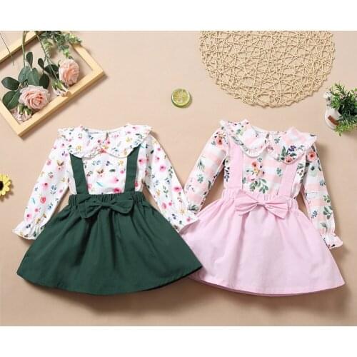 Autumn Instagramable Fashion 2pcs Set Kids Girl Long-Sleeved Printed T-shirt Top +Suspender Skirt Girl Suit Girl Clothes