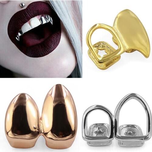 1 Real Gold CZ Zircon 2 Teeth Grillz Braces Hip Hop Punk Dental Mouth Fang Grills Vampire Tooth Caps Cosplay Party Rap Jewelry
