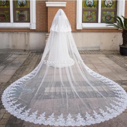 Stunning Two-Layer Luxury Lace Wedding Veil Long Bridal Veils with Comb M2020 Cathedral Veil