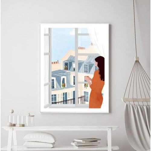Nordic Abstract Fashion Sexy Woman In Balcony Picture Canvas Painting Wall Art Unique Posters and Prints For Bedroom Home Decor