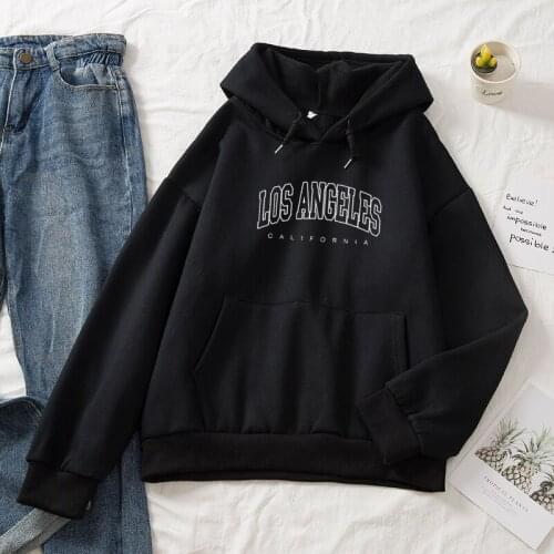 Korean Black Hooded Sweatshirt Women Harajuku Fashion Streetwear White Graphic Hoodie Los Angeles California Pullover Ladies
