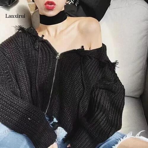 Patchwork Tassel Knitting Sweaters For Women Hooded Collar Long Sleeve Striped Lace Up Irregular Sweater Female New