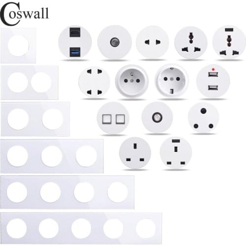 COSWALL R11 White Glass Panel Wall Switch EU French Socket USB Charger Female TV RJ45 CAT6 Modules DIY Free Combination