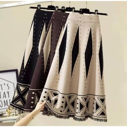 Luxury Print Knit Long Skirts Women Autumn Winter High Quality Thick Warm Vintage Skirt Knitted Sweater Skirt Jupe Femme Y661